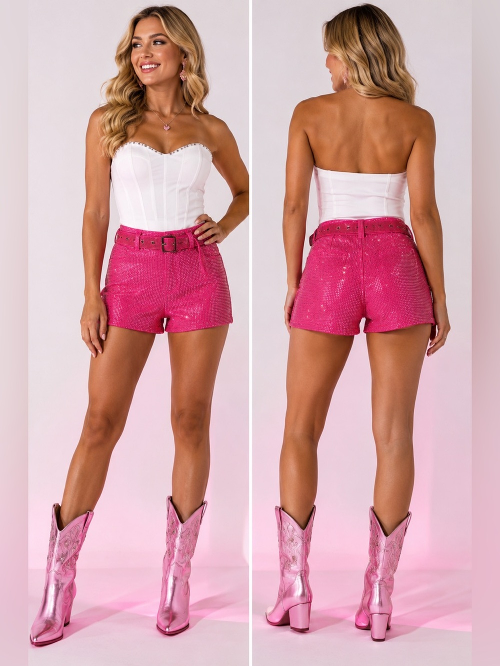 Prissy Jane Hot Pink Rhinestone Shorts Y2K Barbiecore Festival Rave Belted